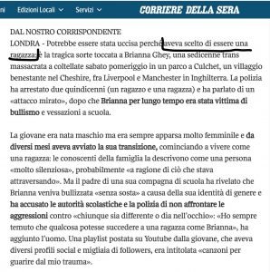 Particolare dell'articolo di giornale in cui si dice che: "Potrebbe essere stata uccisa perché aveva scelto di essere una ragazza"